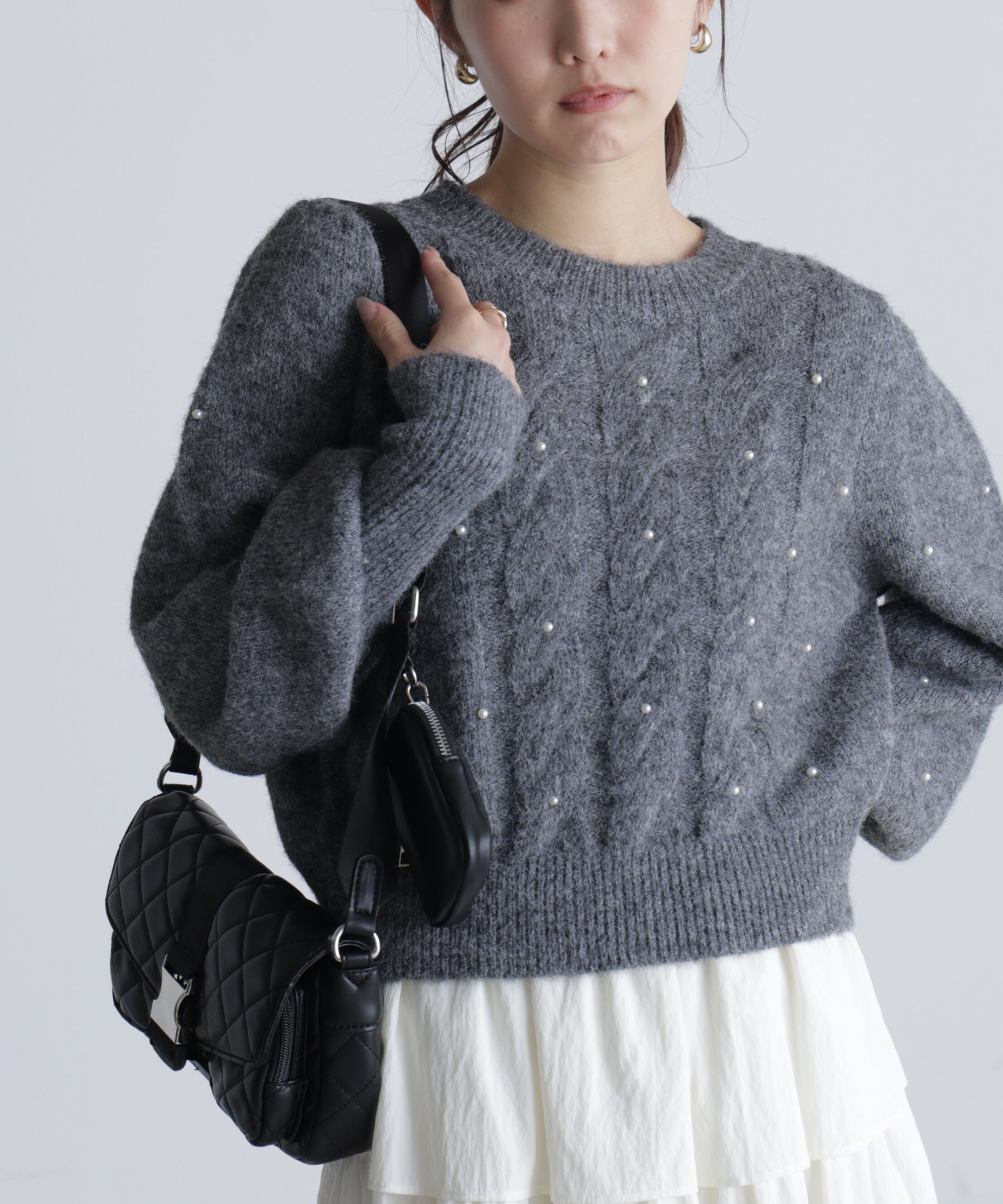  「パール付きケーブルショート丈ニット」|ニット・セーター|