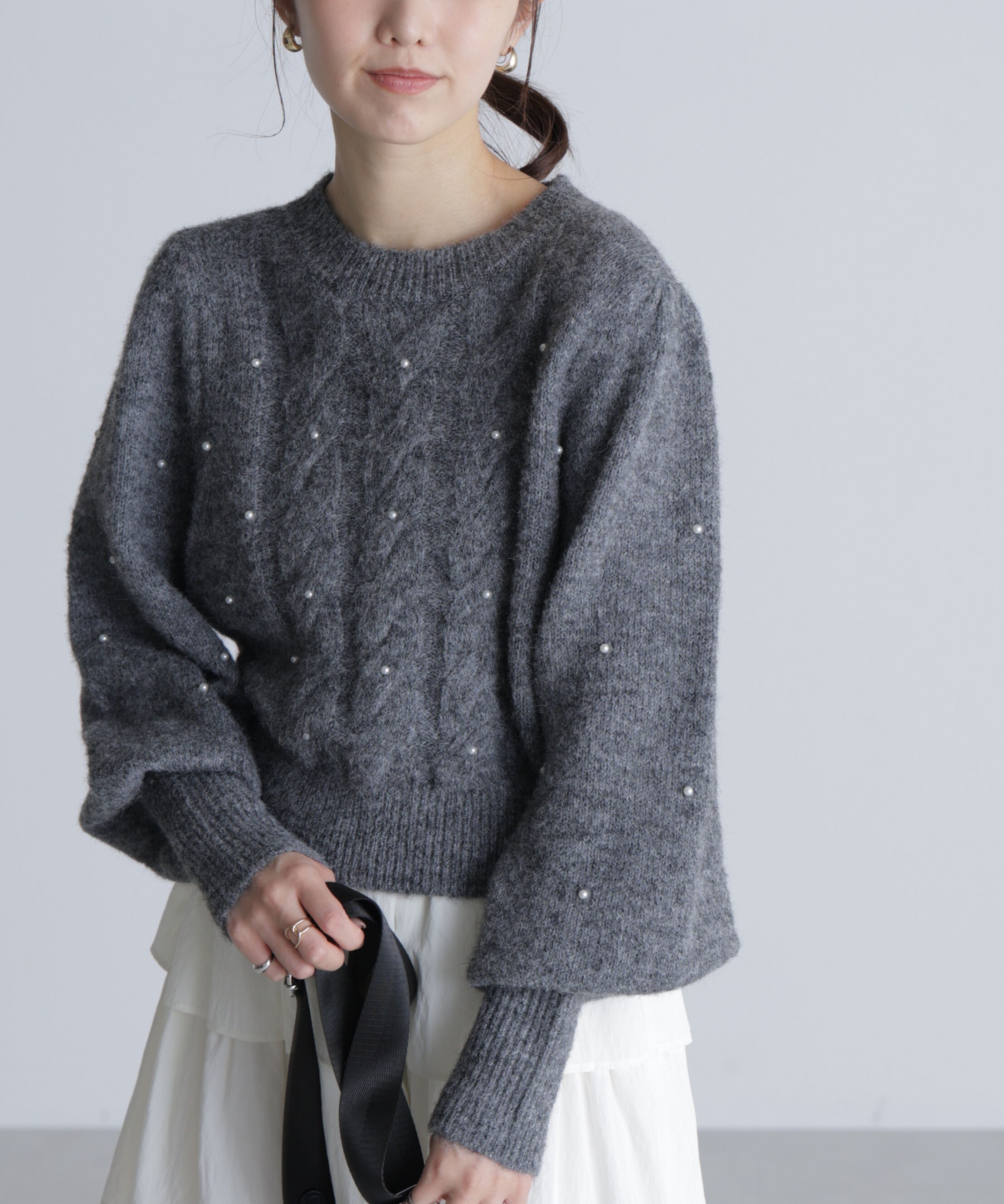  「パール付きケーブルショート丈ニット」|ニット・セーター|