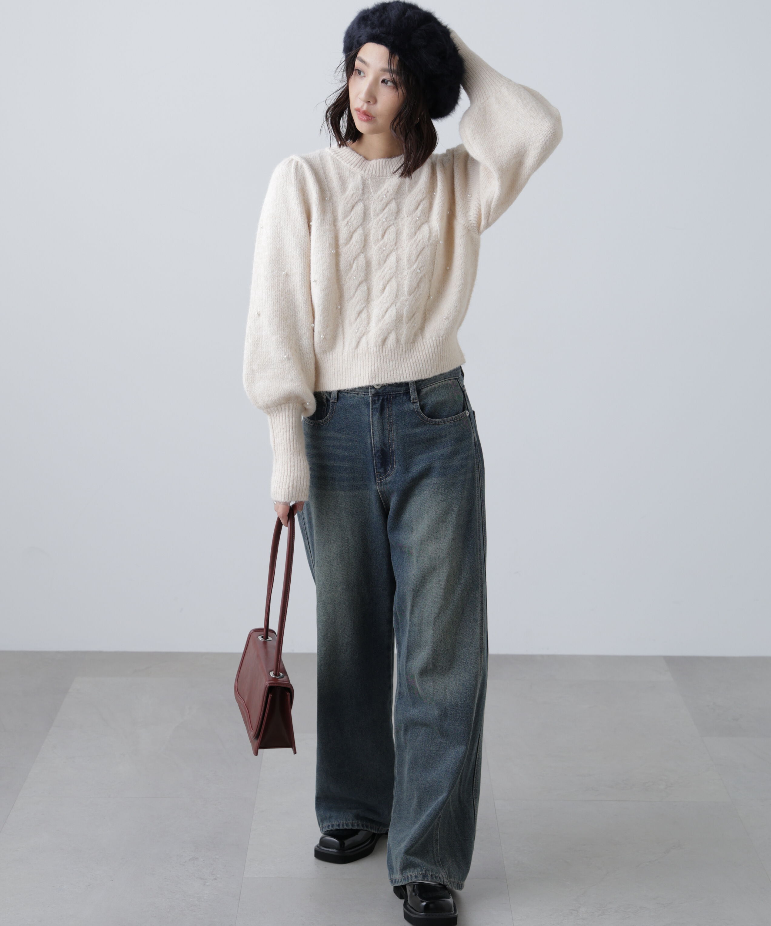  「パール付きケーブルショート丈ニット」|ニット・セーター|