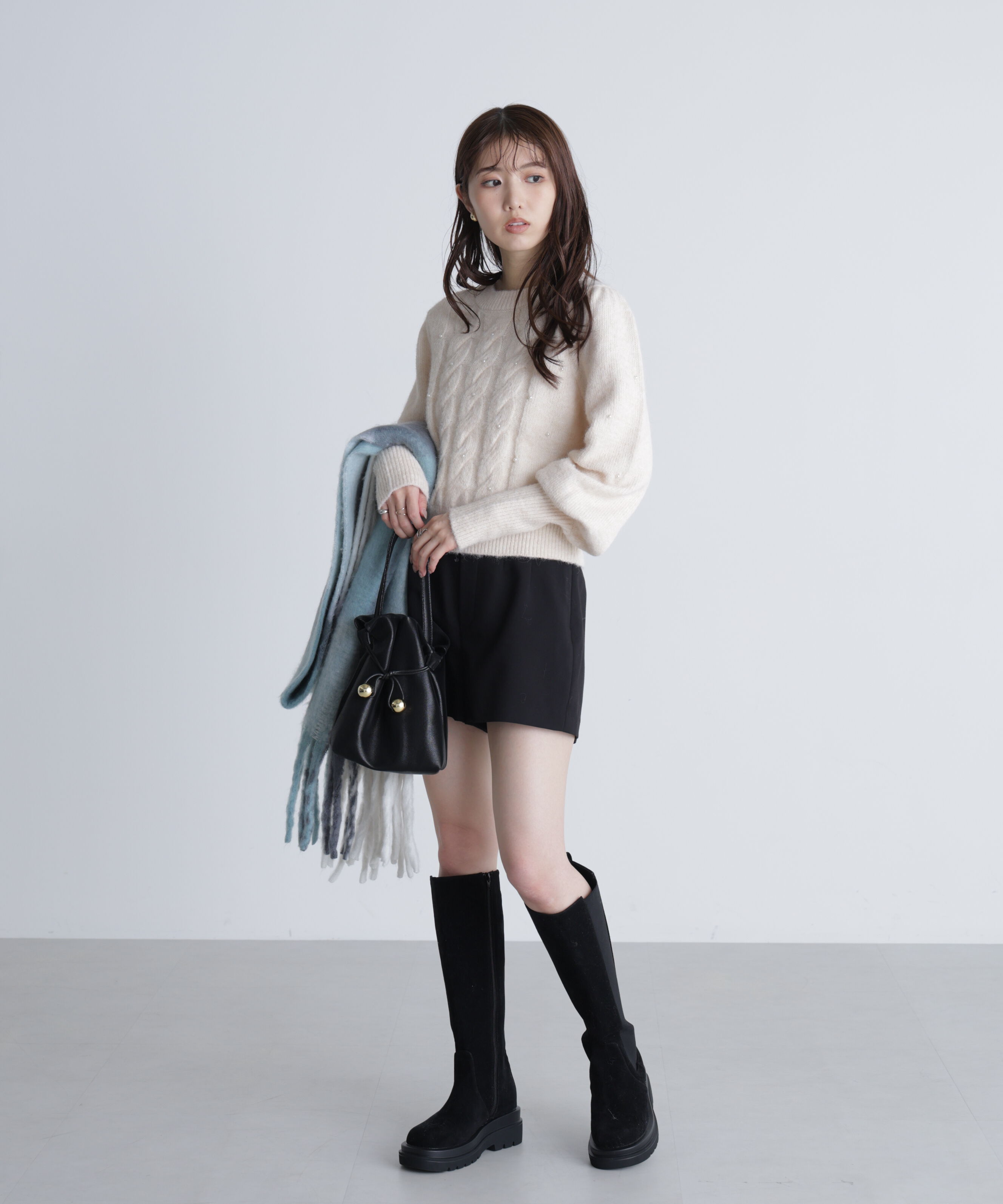  「パール付きケーブルショート丈ニット」|ニット・セーター|