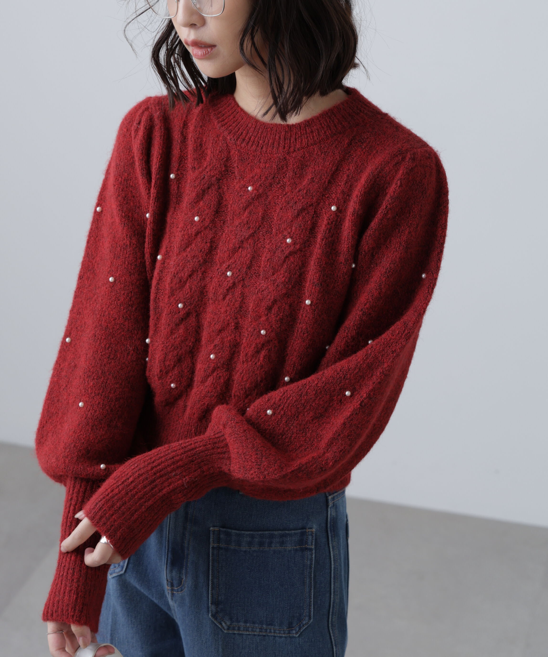  「パール付きケーブルショート丈ニット」|ニット・セーター|