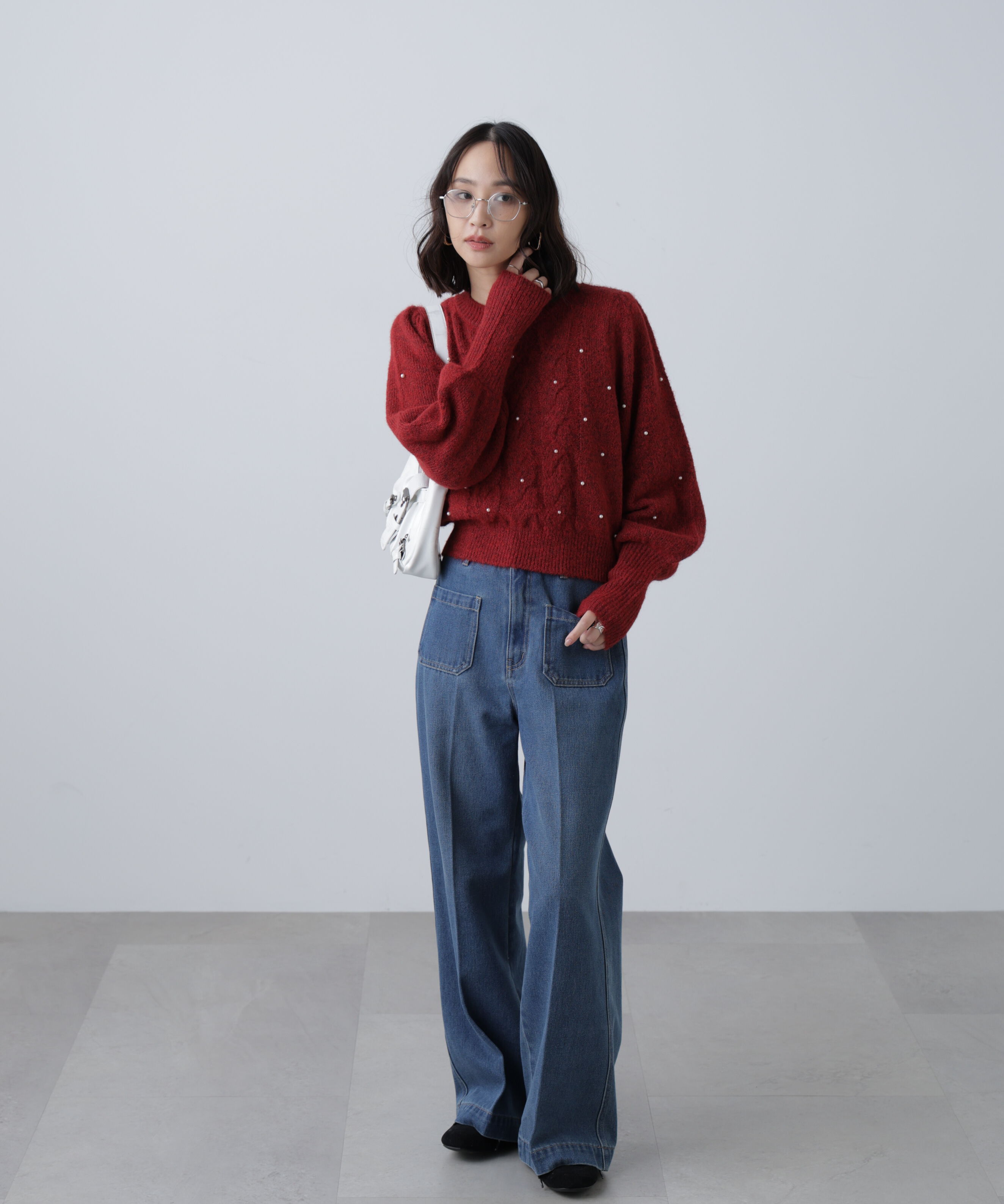  「パール付きケーブルショート丈ニット」|ニット・セーター|