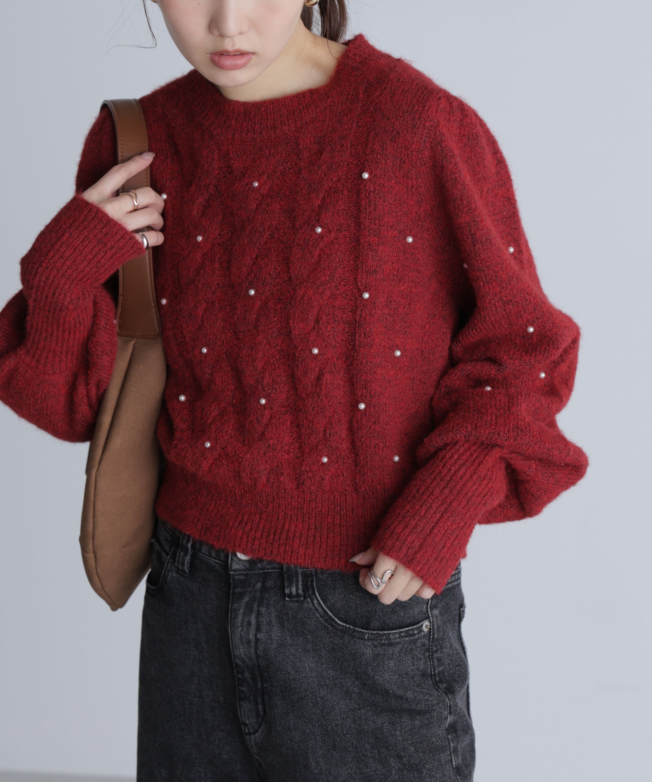  「パール付きケーブルショート丈ニット」|ニット・セーター|