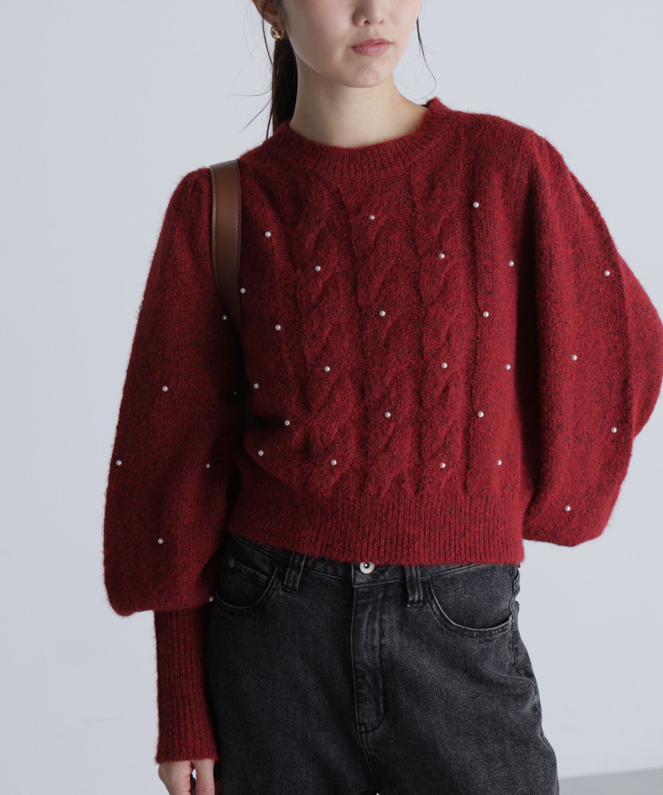  「パール付きケーブルショート丈ニット」|ニット・セーター|