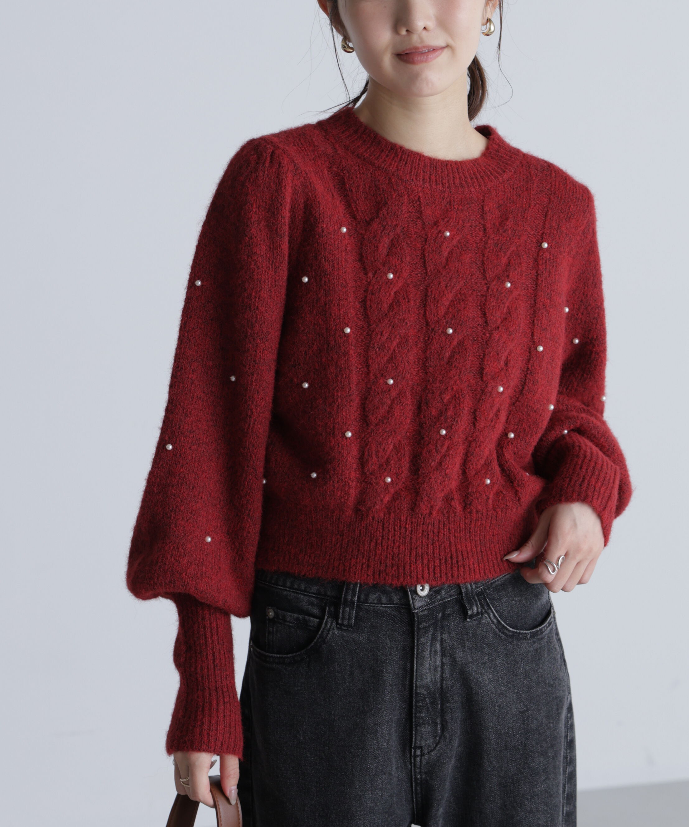  「パール付きケーブルショート丈ニット」|ニット・セーター|