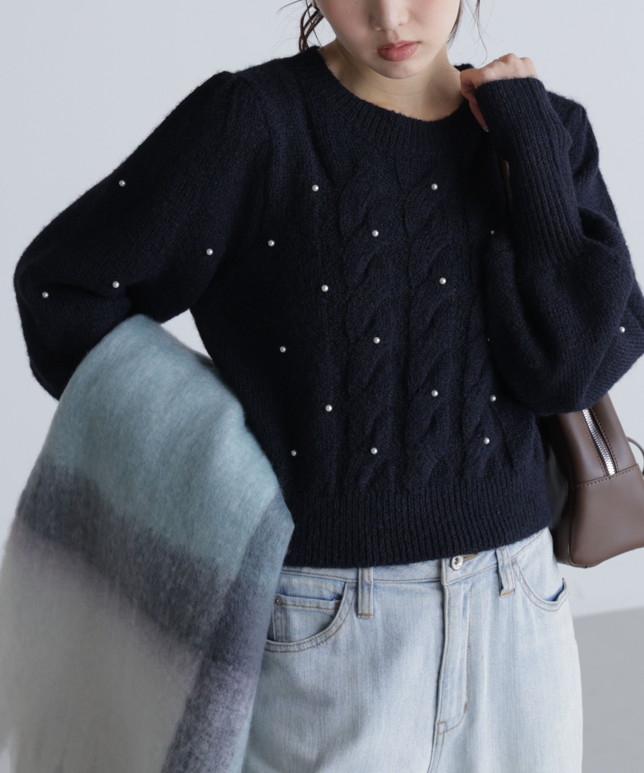  「パール付きケーブルショート丈ニット」|ニット・セーター|