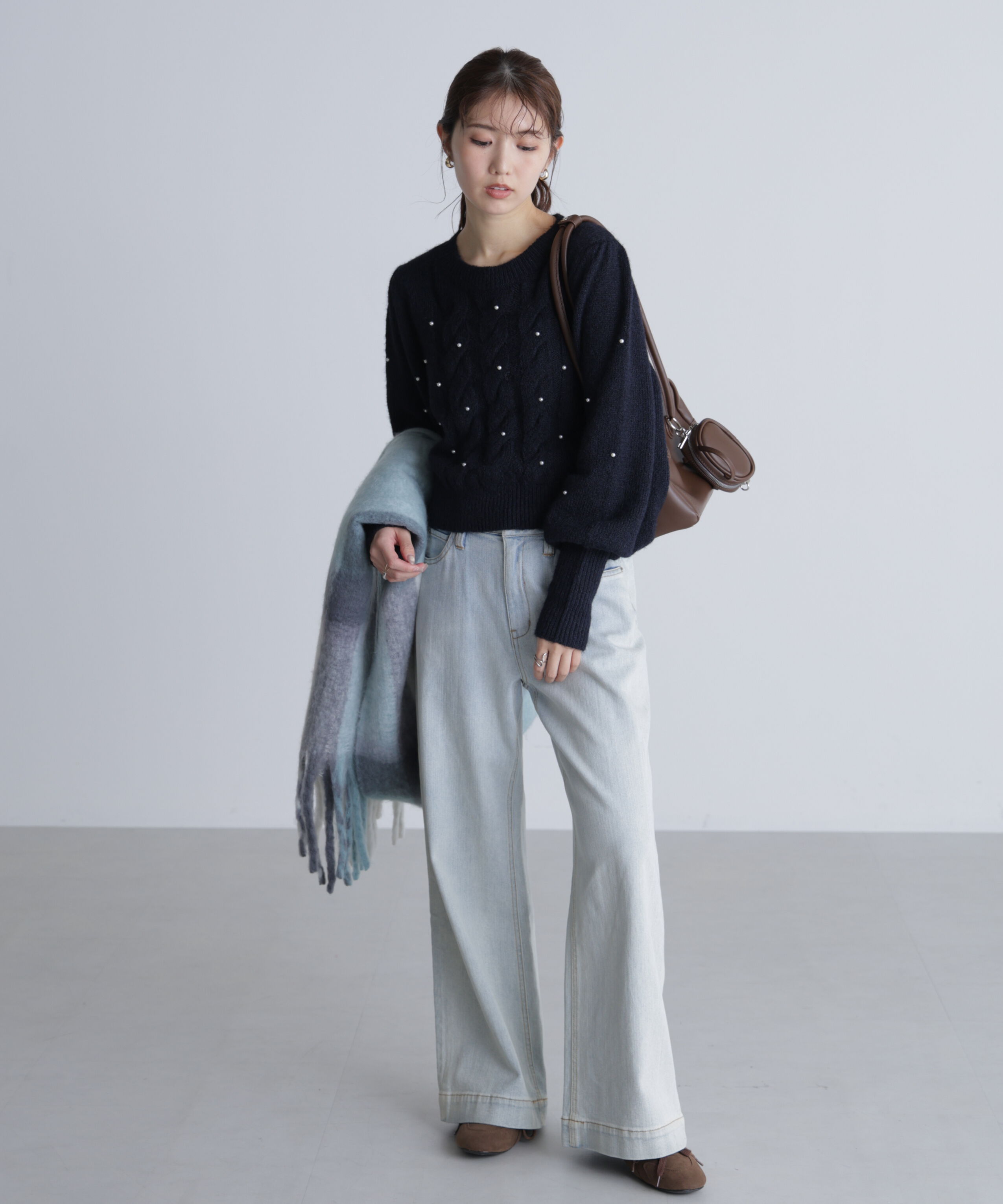  「パール付きケーブルショート丈ニット」|ニット・セーター|