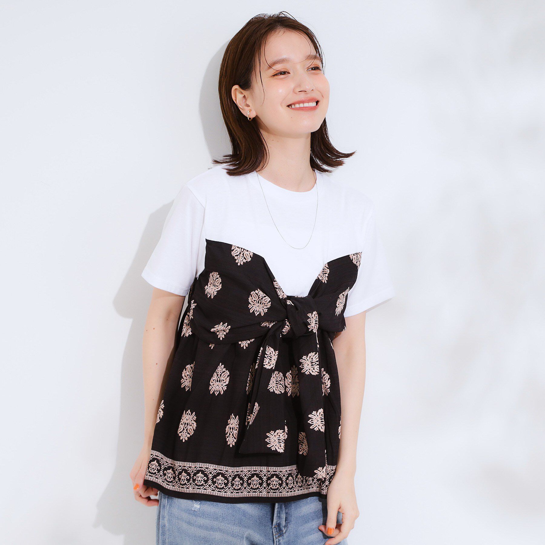 SHOO･LA･RUE「【S-LL】スカーフ巻きレイヤード風Tシャツ」|Tシャツ・カットソー|