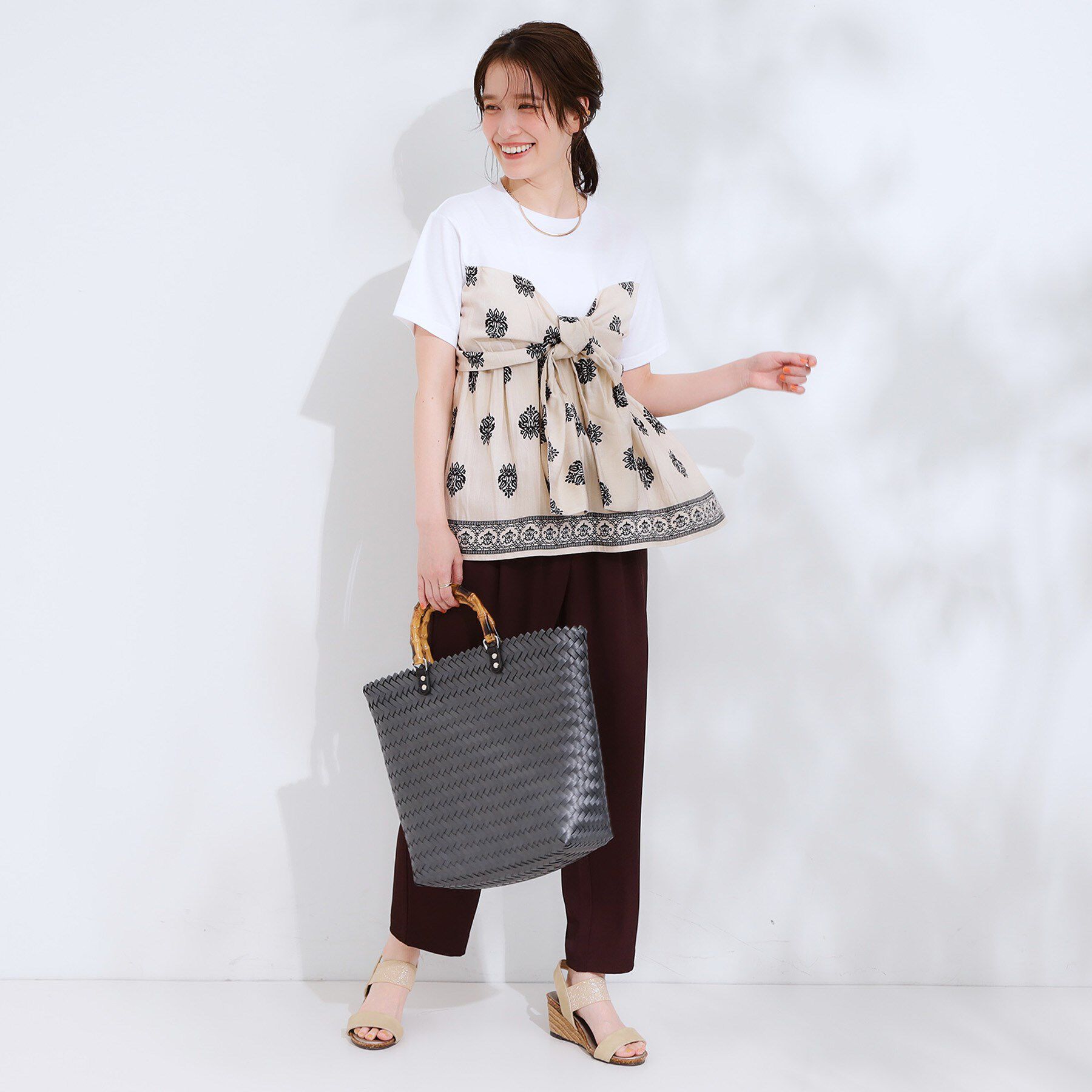 SHOO･LA･RUE「【S-LL】スカーフ巻きレイヤード風Tシャツ」|Tシャツ・カットソー|