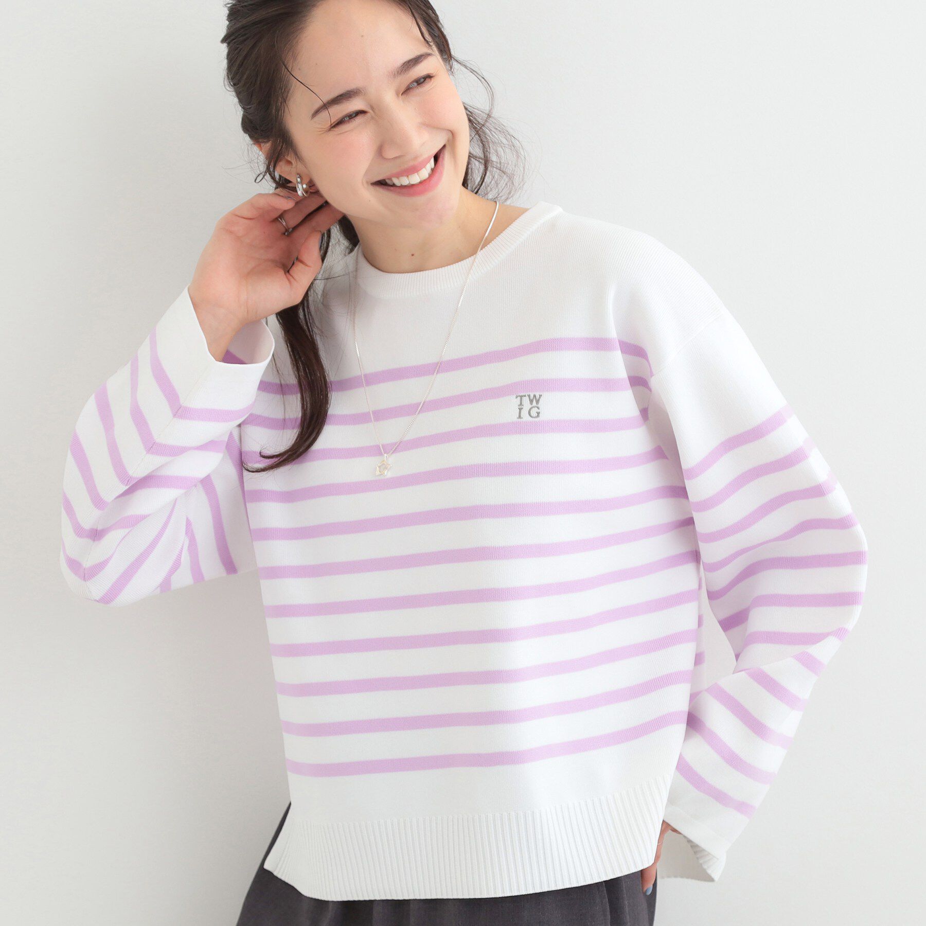 SHOO･LA･RUE「まるでTシャツ 大人カジュアルコーデに最適なボーダーニット」|ニット・セーター|パープル(381)