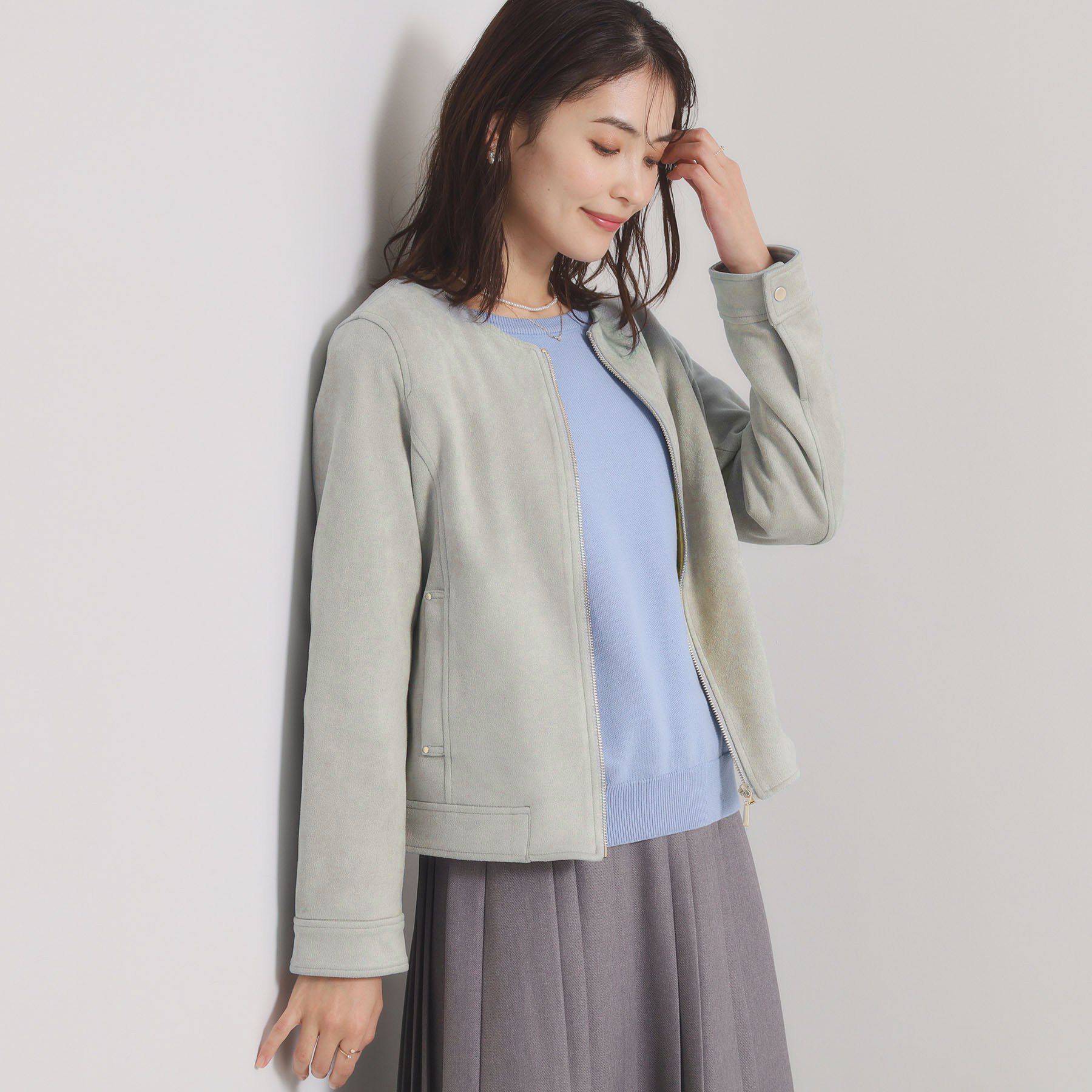 ITS&rsquo;DEMO「カットスエードジャケット」|ノーカラージャケット|ミントグリーン(02