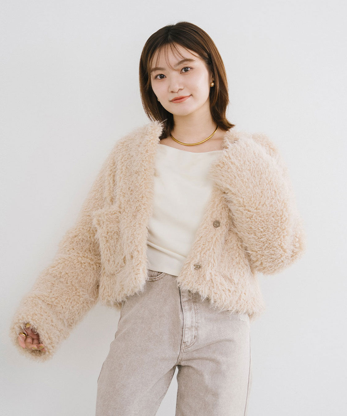 COCO DEAL「カーリーファージャケット」|ノーカラージャケット|ベージュ
