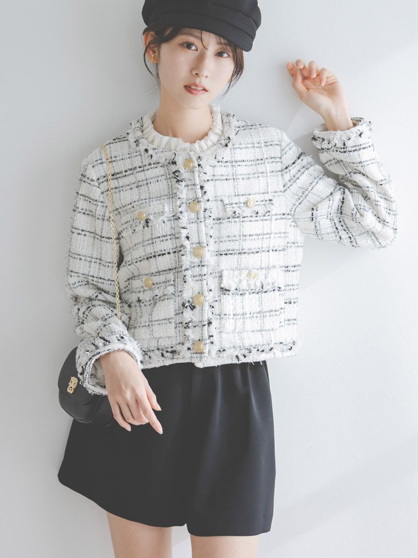 SNIDEL「デタッチャブルフリルカラーツイードジャケット」|ノーカラージャケット|