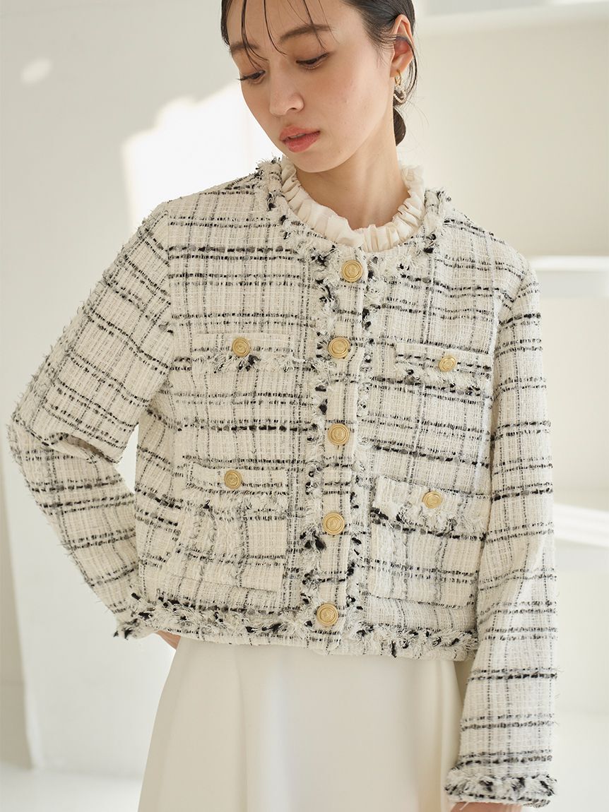 SNIDEL「デタッチャブルフリルカラーツイードジャケット」|ノーカラージャケット|