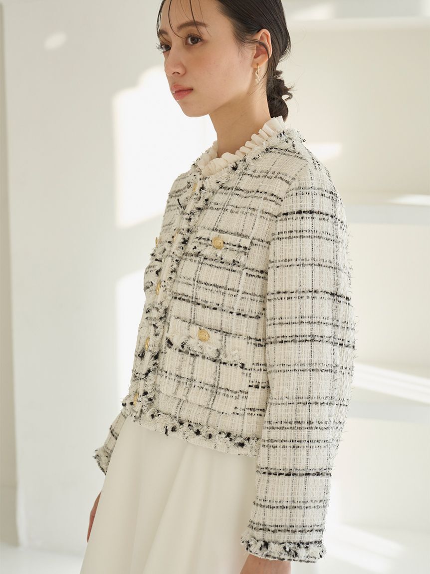 SNIDEL「デタッチャブルフリルカラーツイードジャケット」|ノーカラージャケット|