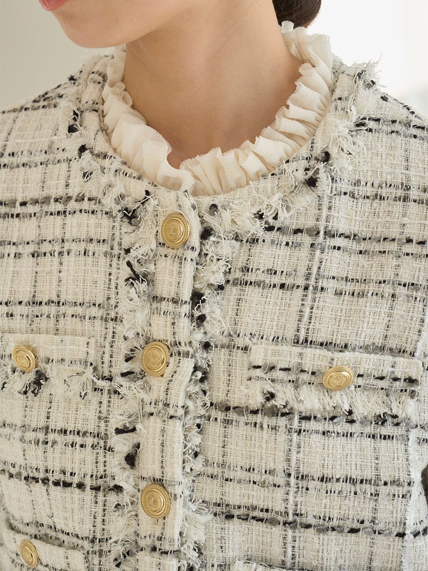 SNIDEL「デタッチャブルフリルカラーツイードジャケット」|ノーカラージャケット|