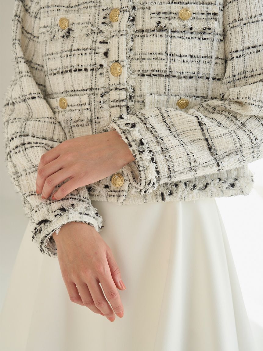 SNIDEL「デタッチャブルフリルカラーツイードジャケット」|ノーカラージャケット|