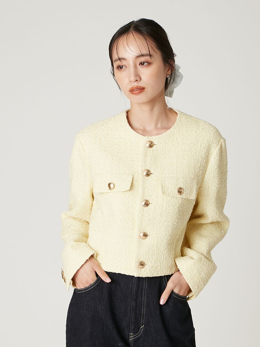 FRAY I.D「クロップドツイードジャケット」|ノーカラージャケット|