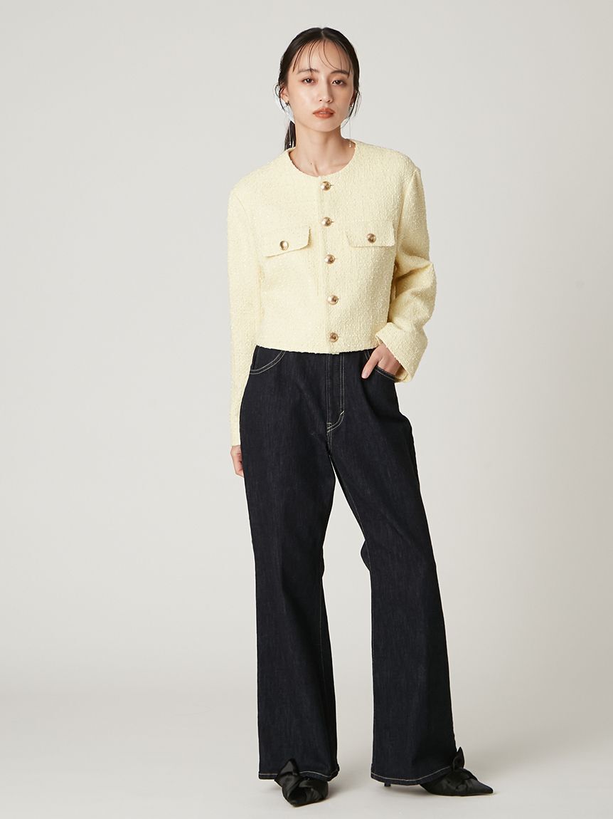 FRAY I.D「クロップドツイードジャケット」|ノーカラージャケット|