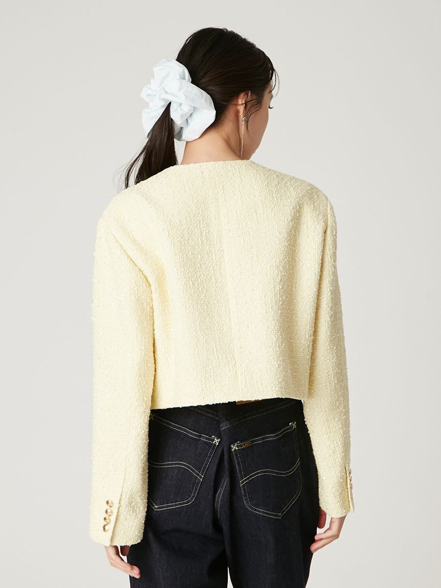 FRAY I.D「クロップドツイードジャケット」|ノーカラージャケット|