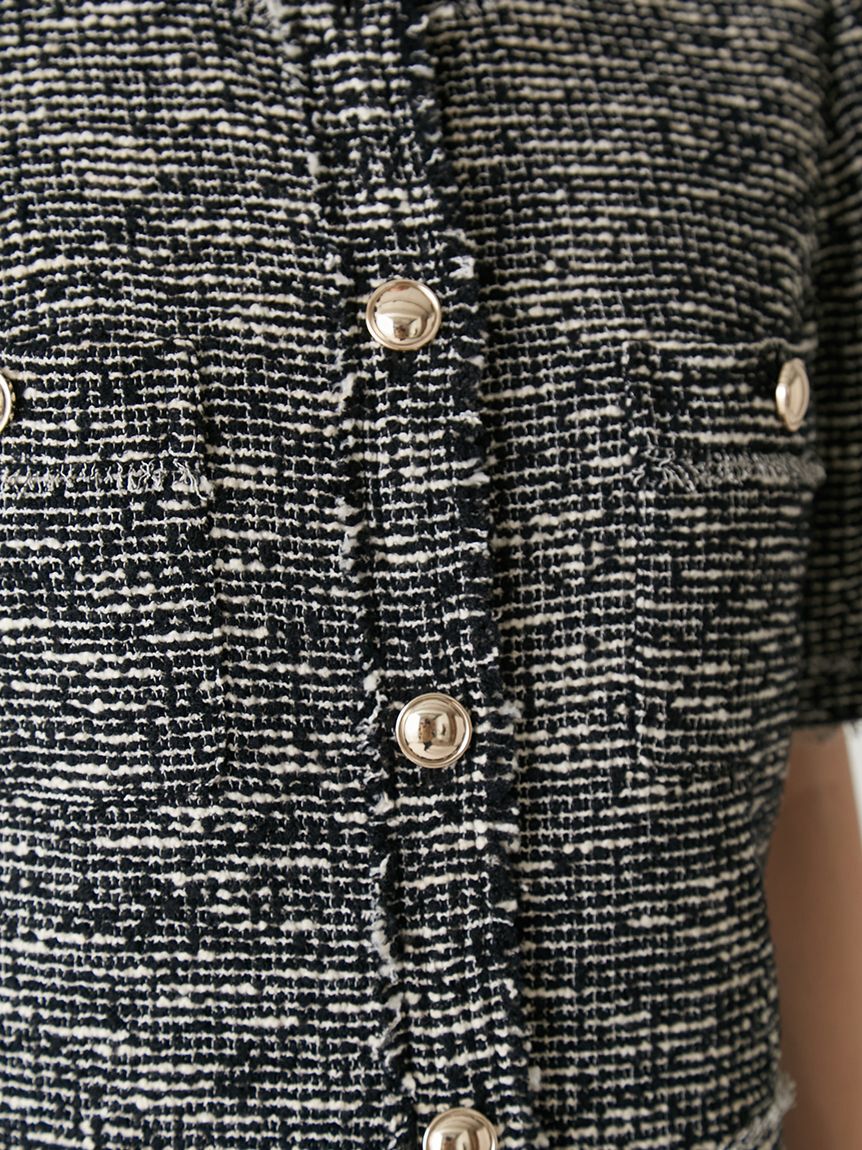 FRAY I.D「ツイードフリンジ半袖ジャケット」|ノーカラージャケット|