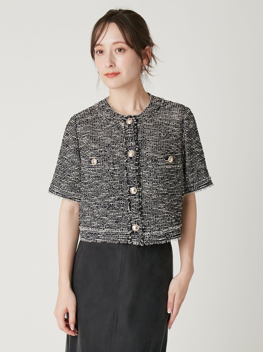 FRAY I.D「ツイードフリンジ半袖ジャケット」|ノーカラージャケット|
