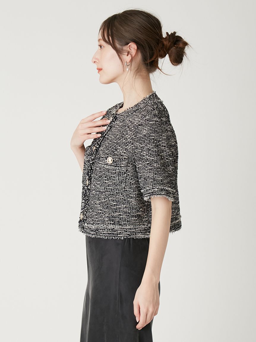 FRAY I.D「ツイードフリンジ半袖ジャケット」|ノーカラージャケット|