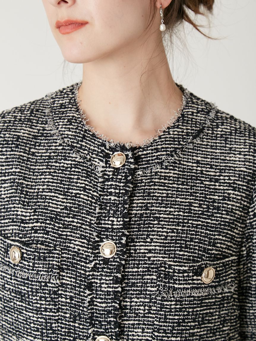 FRAY I.D「ツイードフリンジ半袖ジャケット」|ノーカラージャケット|
