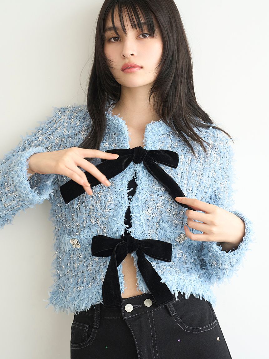 LILY BROWN「[L.B CANDY STOCK]ラメリボンニットジャケット」|ノーカラージャケット|BLU