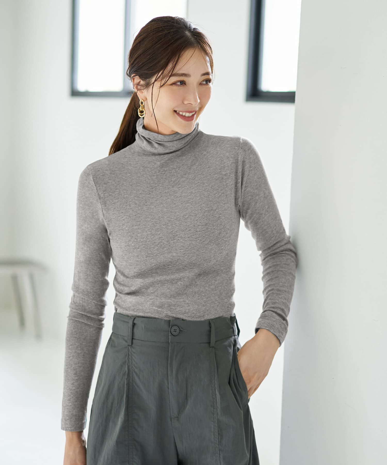 STYLE DELI「とろみ薄リブルーズタートルトップス」|Tシャツ・カットソー|グレー