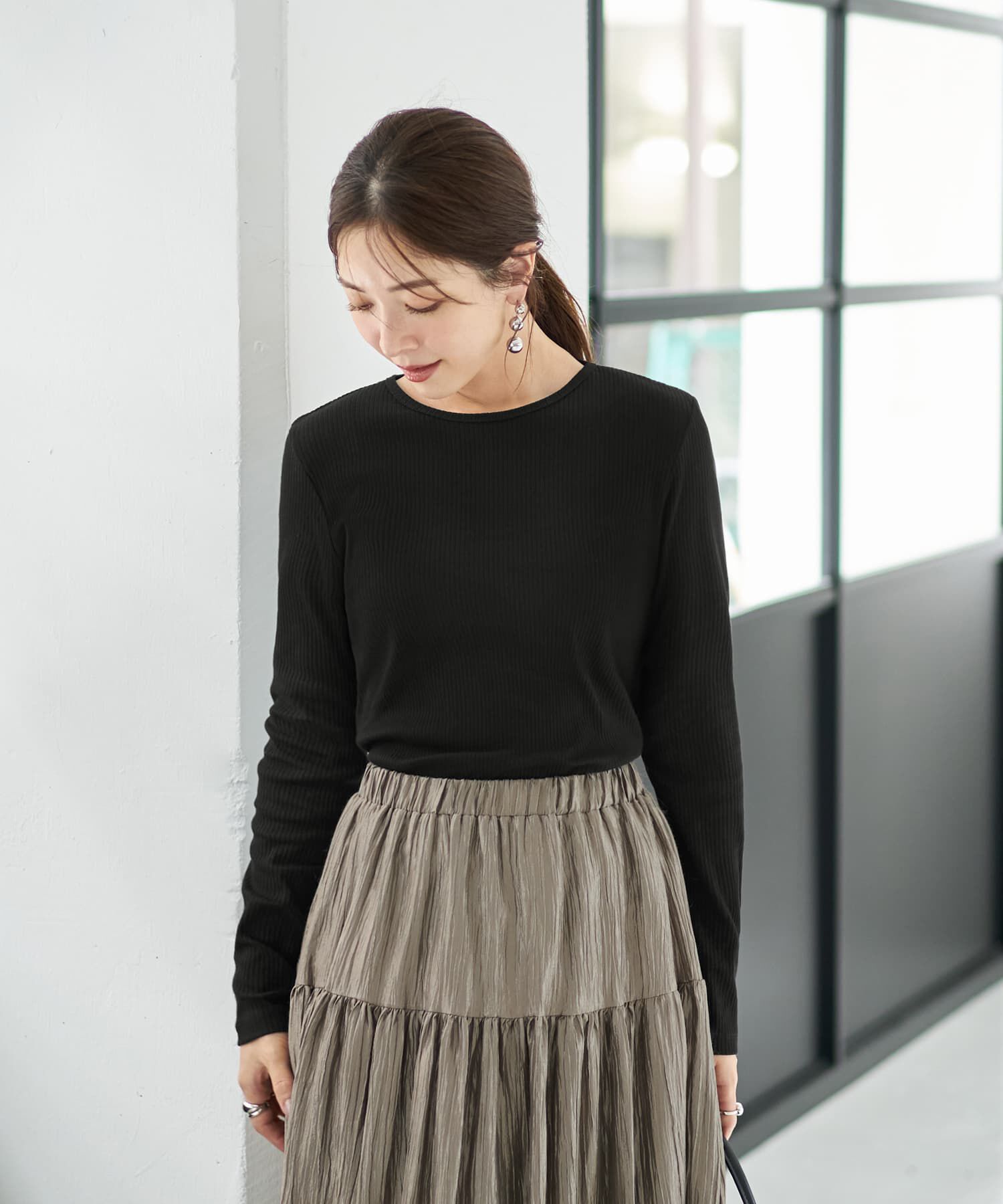 STYLE DELI「中太リブBASIC長袖カットソートップス」|Tシャツ・カットソー|ブラック