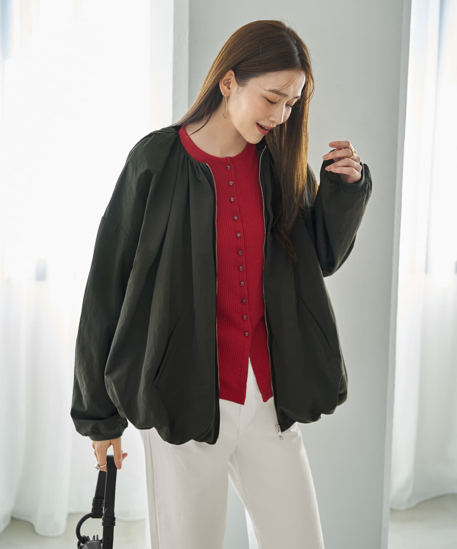 STYLE DELI「タフタ調シワ加工バルーンブルゾン」|ノーカラージャケット|