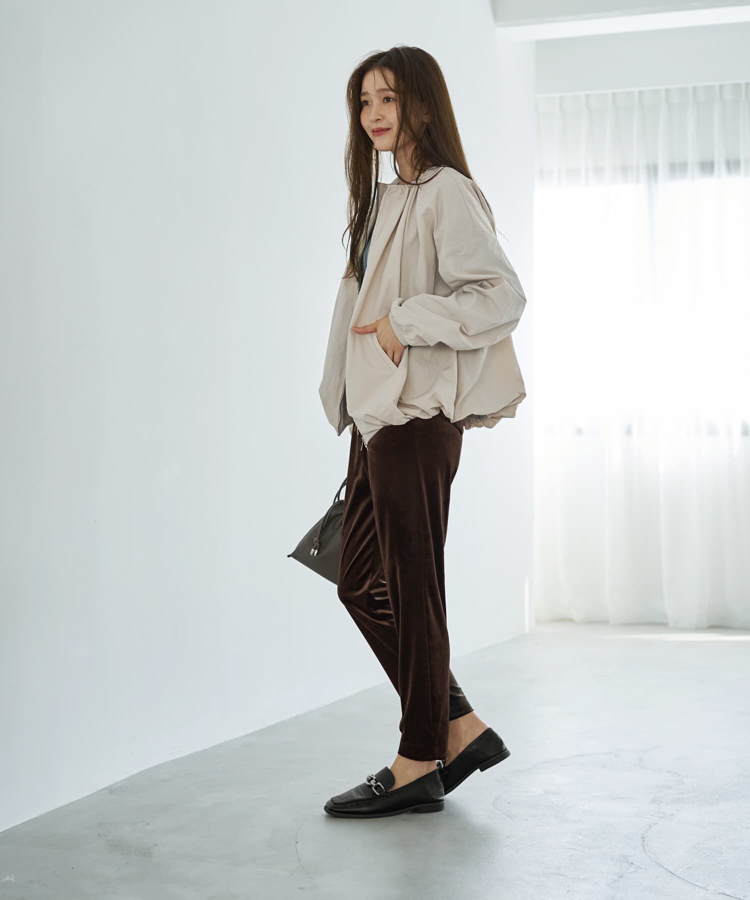 STYLE DELI「タフタ調シワ加工バルーンブルゾン」|ノーカラージャケット|