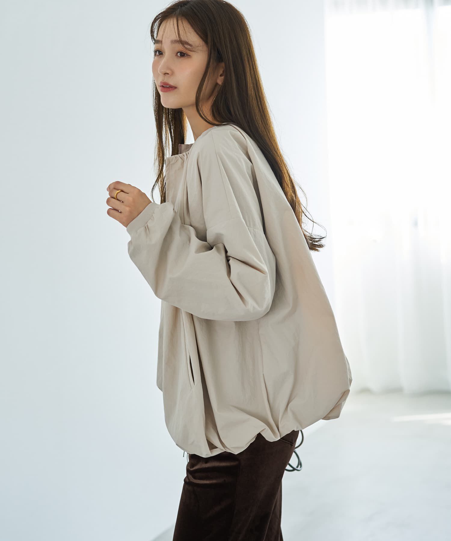 STYLE DELI「タフタ調シワ加工バルーンブルゾン」|ノーカラージャケット|