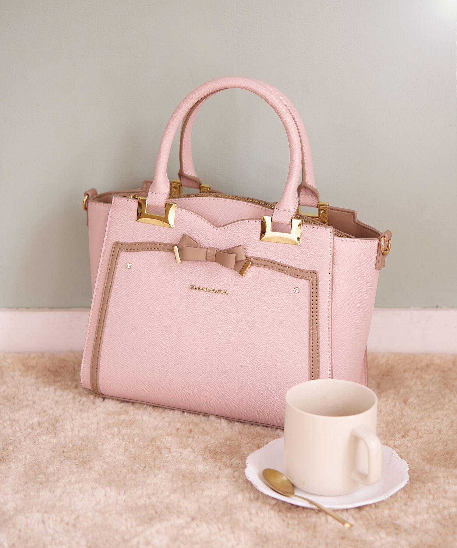 Samantha Vega「ソリッドリボントートバッグ」|ハンドバッグ|ﾋﾟﾝｸﾍﾞｰｼﾞｭ