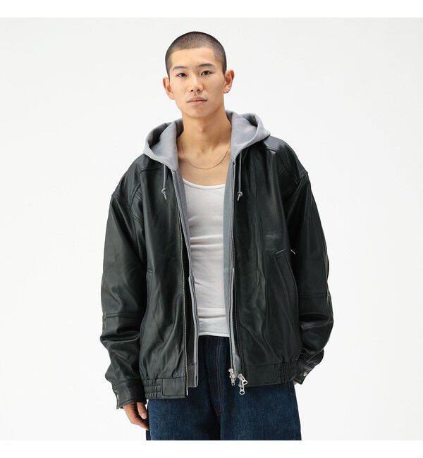 BEAMS「ワイドフィット 4ポケット レザー ブルゾン」|ブルゾン・スタジャン|BLACK