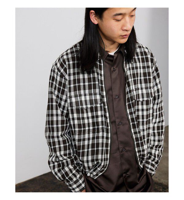 BEAMS「ワイドショートフィット メッシュ ジップアップ シャツ」|シャツ・ブラウス|BROWN
