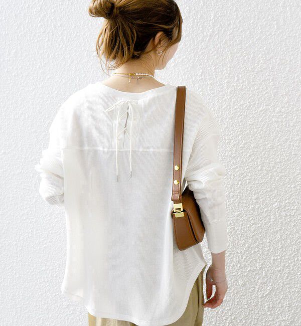 SHIPS any「SHIPS any:〈洗濯機可能〉ワッフル  レースアップ ラウンドヘム プルオーバー」|Tシャツ・カットソー|