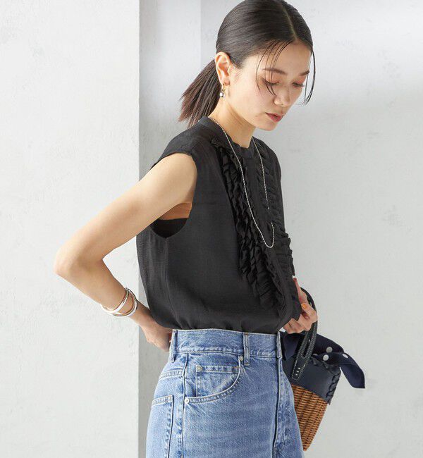 SHIPS for women「〈手洗い可能〉麻混 フロント フリル フレンチスリーブ ブラウス」|シャツ・ブラウス|