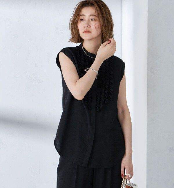 SHIPS for women「〈手洗い可能〉麻混 フロント フリル フレンチスリーブ ブラウス」|シャツ・ブラウス|