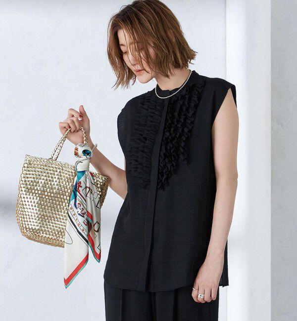 SHIPS for women「〈手洗い可能〉麻混 フロント フリル フレンチスリーブ ブラウス」|シャツ・ブラウス|