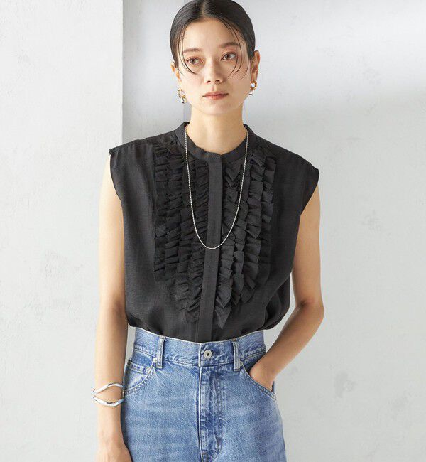 SHIPS for women「〈手洗い可能〉麻混 フロント フリル フレンチスリーブ ブラウス」|シャツ・ブラウス|