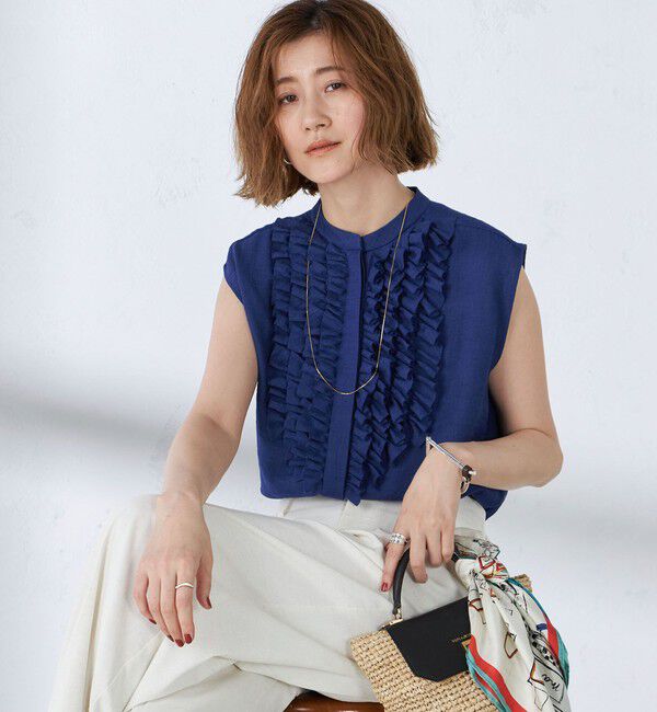 SHIPS for women「〈手洗い可能〉麻混 フロント フリル フレンチスリーブ ブラウス」|シャツ・ブラウス|