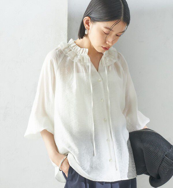 SHIPS for women「〈手洗い可能〉シルク混 シアー フリル ネック ギャザー ブラウス」|シャツ・ブラウス|オフホワイト