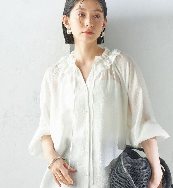 SHIPS for women「〈手洗い可能〉シルク混 シアー フリル ネック ギャザー ブラウス」|シャツ・ブラウス|
