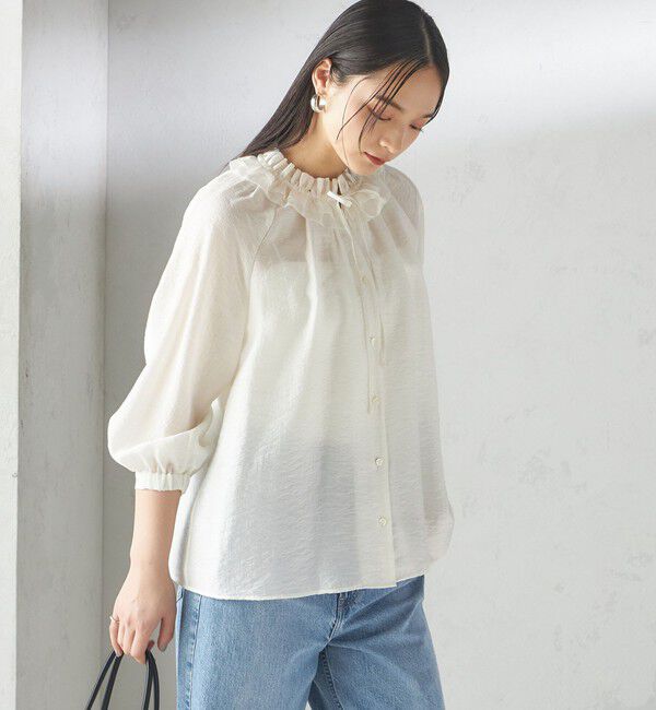 SHIPS for women「〈手洗い可能〉シルク混 シアー フリル ネック ギャザー ブラウス」|シャツ・ブラウス|