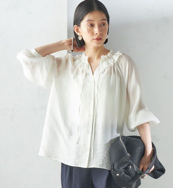 SHIPS for women「〈手洗い可能〉シルク混 シアー フリル ネック ギャザー ブラウス」|シャツ・ブラウス|
