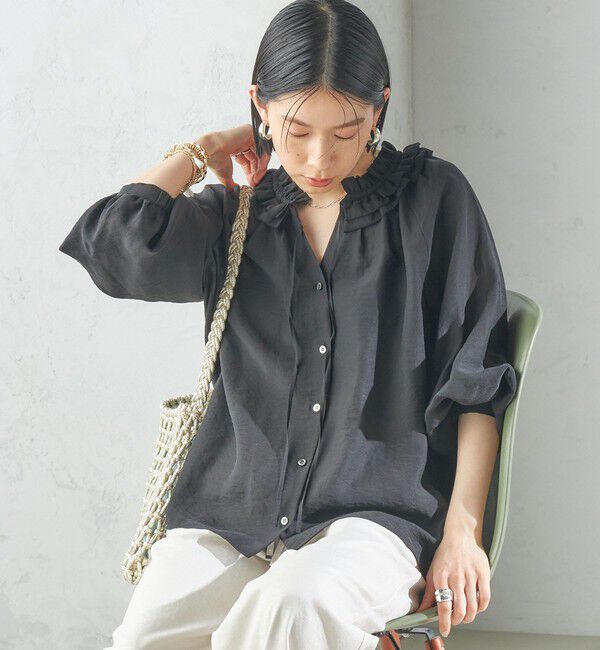 SHIPS for women「〈手洗い可能〉シルク混 シアー フリル ネック ギャザー ブラウス」|シャツ・ブラウス|