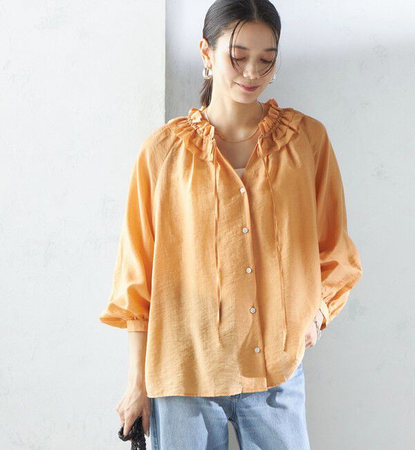 SHIPS for women「〈手洗い可能〉シルク混 シアー フリル ネック ギャザー ブラウス」|シャツ・ブラウス|オレンジ系