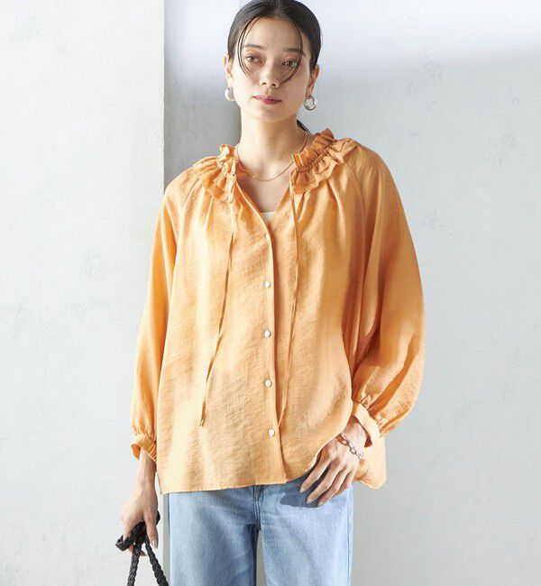 SHIPS for women「〈手洗い可能〉シルク混 シアー フリル ネック ギャザー ブラウス」|シャツ・ブラウス|